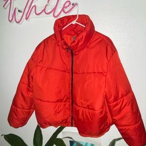 Red puffer jacket